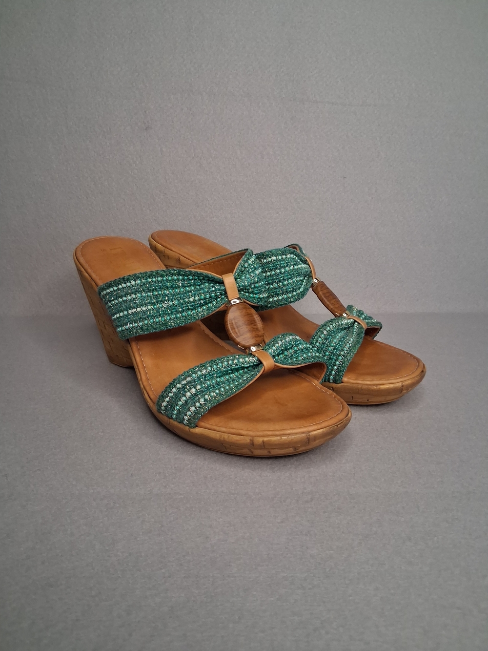 Italian Shoemakers Teal Beaded Cork Wedge Sandals Size 9 Boho Slide Heels